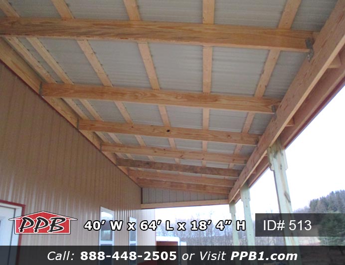 Custom Pole Building Dimensions: 40’ W x 64’ L x 18’ 4” H (ID# 513) 40’ Standard Trusses, 4’ on Center 4/12 Pitch Colors: Siding: Upper Color: Tan Lower Color: Red Roofing Color: Red Trim Color: Red Openings: (2) 14’ x 14’ Garage Doors with Windows (1) 10’ x 10’ Garage Door with Windows (2) 3068 9-Lite Entry Doors (Insulated) (8) 3’ x 4’ Single-Hung Windows with Screens & No Grids