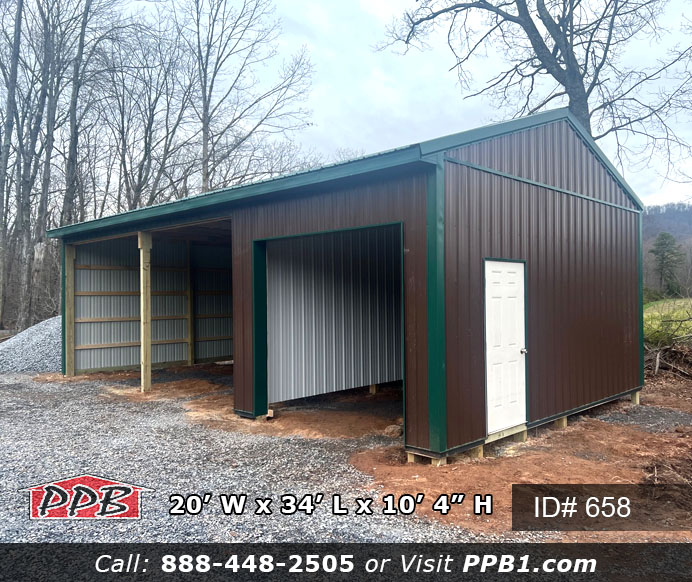 A brown pole building with metal siding and a garage door and two open bays.
