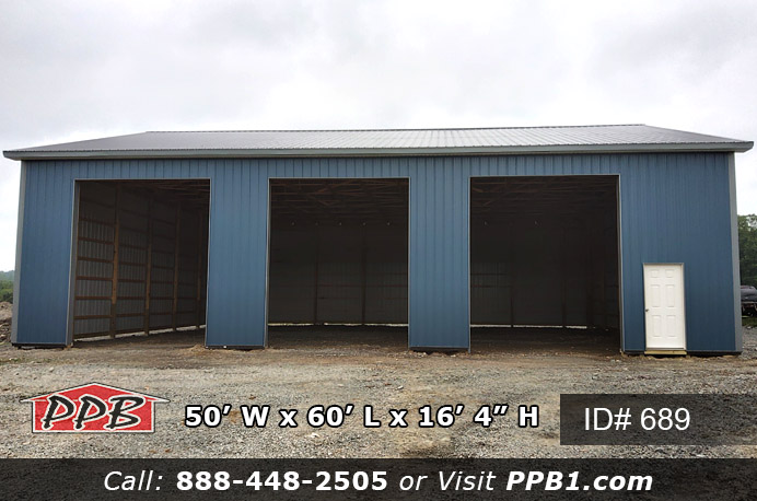 This is a fifty foot wide by sixty foot long ocean blue garage with twelve foot wide by fourteen foot high garage doors on the front eave of the building. There one foot overhangs around the whole garage with a sixteen foot high ceiling height. The metal roof color is charcoal with ocean blue siding. This building has one entry door that is on the front of the building.