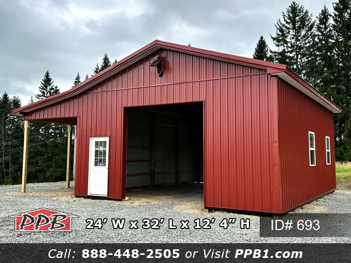 This is a twenty-four foot wide by thirty-two foot long by twelve feet high red building. This building has one ten foot by ten foot garage door and one ten foot by ten foot split slider door. It has a ten foot wide by thirty-two foot long by twelve foot high lean-to. There is one foot overhangs around the whole building. The metal roof color is red with red trim as well. This is a great building to store equipment and farm items.