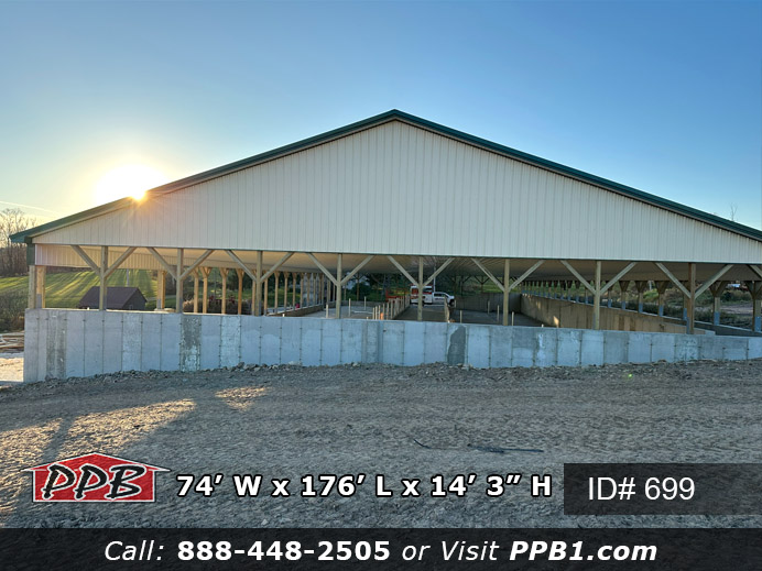 Check out this seventy-four foot wide by one hundred and seventy-six foot long by fourteen feet high with liner panel under the trusses. This building open sides with some concrete walls around the building(the concrete is an additional charge). There is one foot overhangs around the whole pavilion with white vinyl soffit. The metal roof color is green (ivy). This is a nice and big building for all your farming needs.