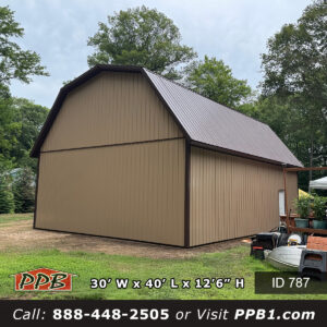 tan metal garage with brown gambrel roof