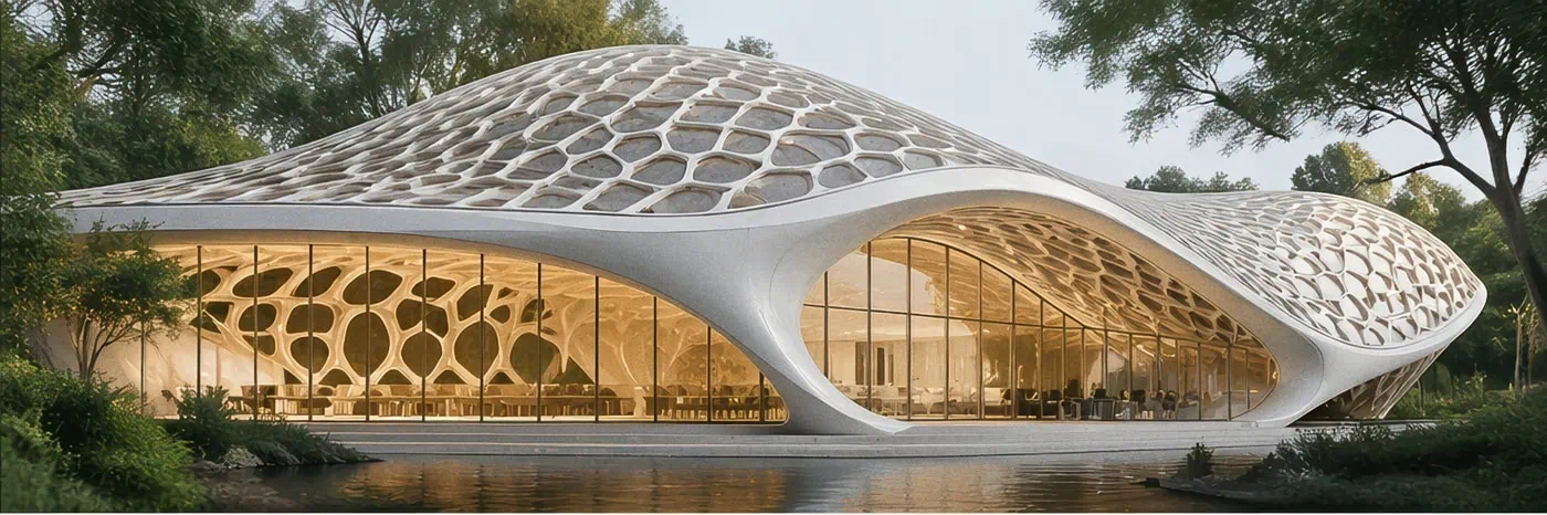 Modernes, organisch geformtes Gebäude im Planetary Gardens mit einzigartiger Struktur und viel Glas.