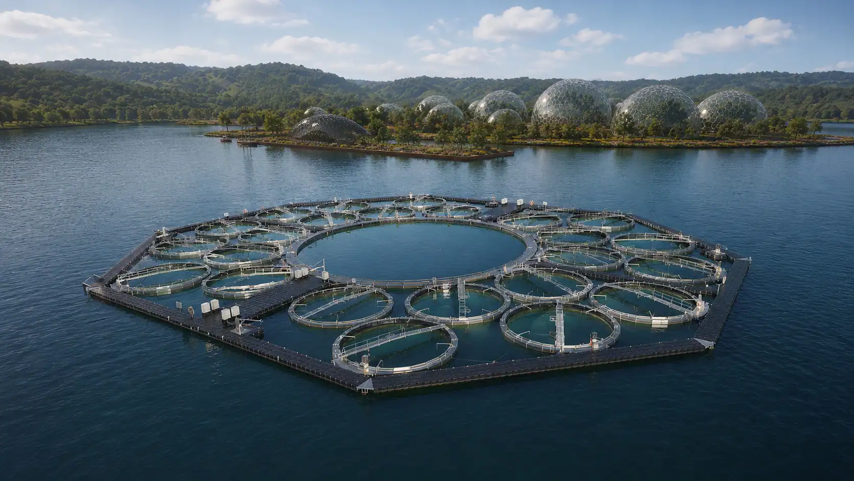 Innovative Aquaponik-Farmen auf Wasser im Planetary Gardens Komplex.