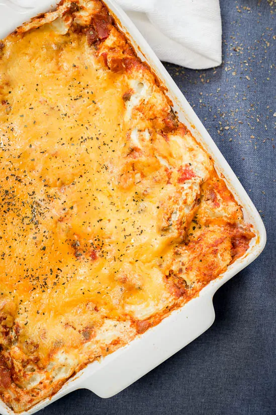 Sloppy Joe Lasagna baked dish with melted cheese and seasoned meat topping.
