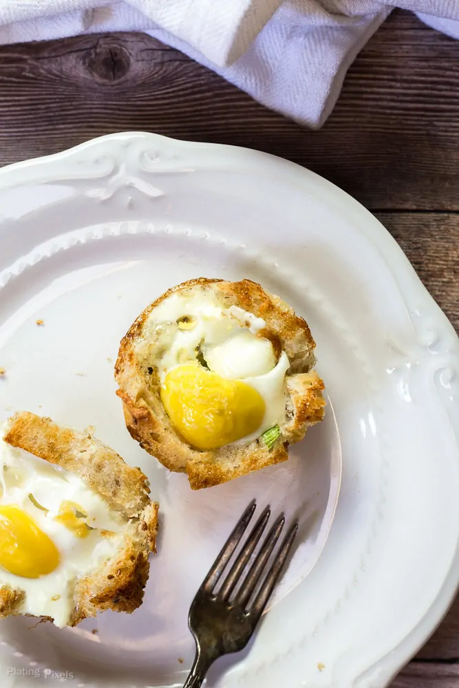 Close-up of baked sourdough muffin cups with ham and eggs for breakfast.