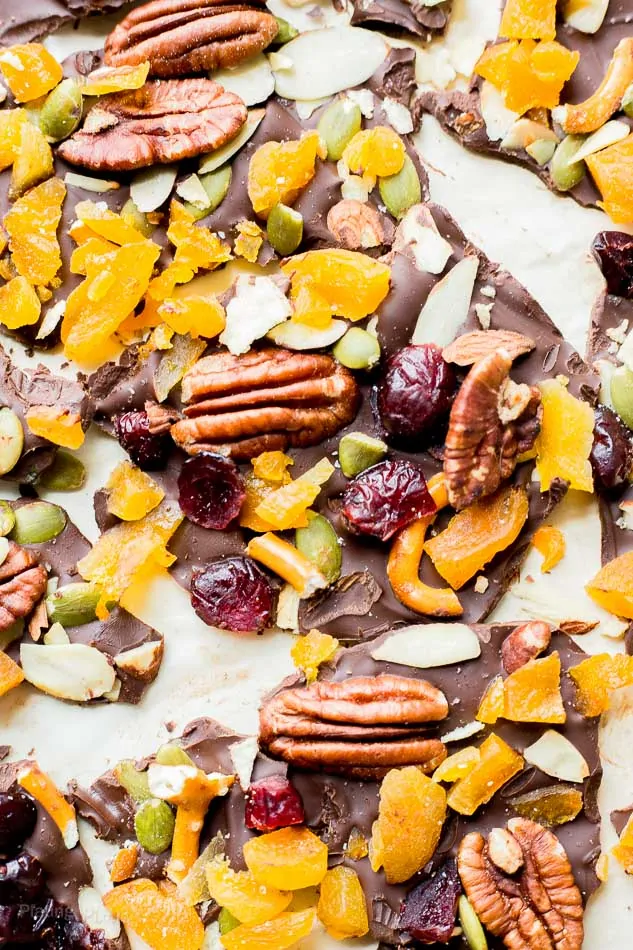 Dark chocolate bark topped with dried fruit, nuts, and seeds for a sweet and salty treat.