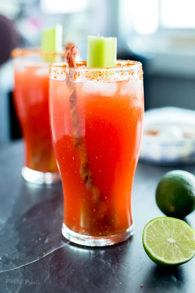 Bloody Mary Michelada with Bacon Swizzle Stick - Plating Pixels