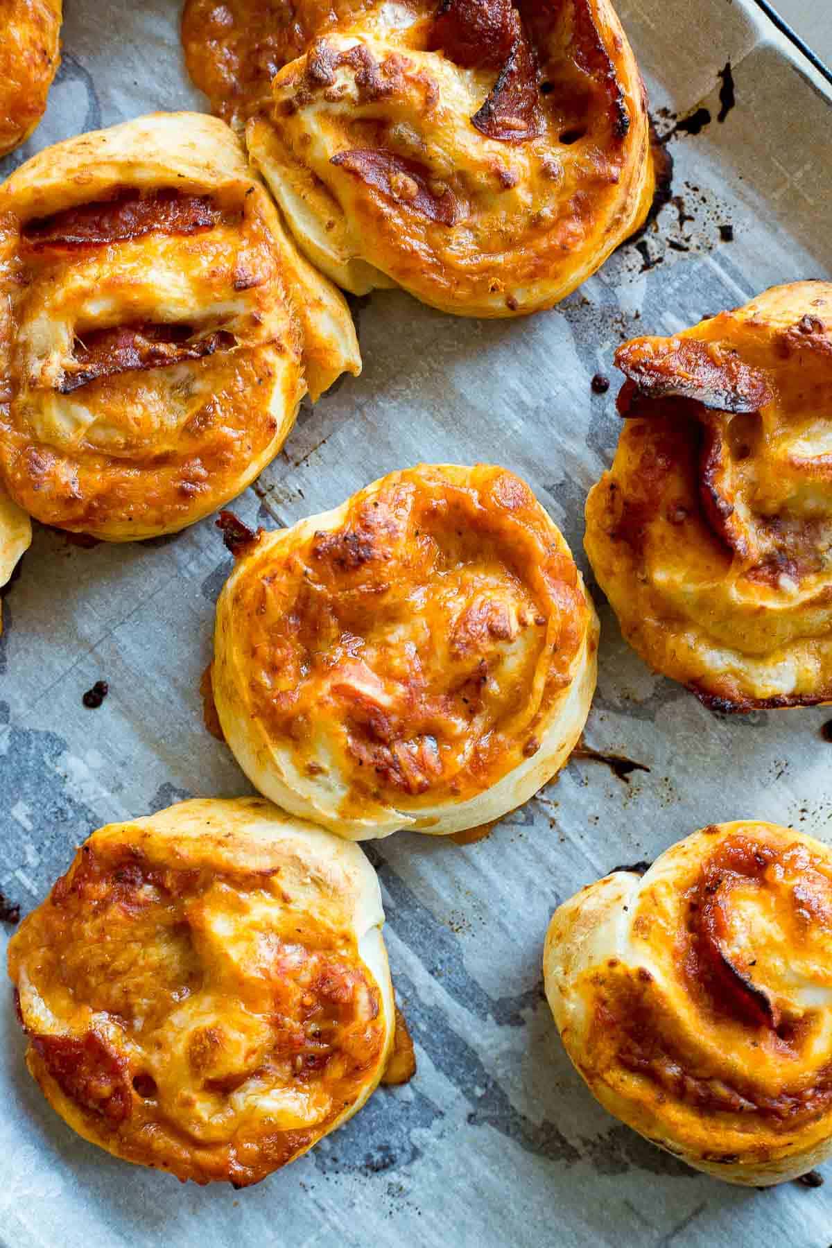 Pizza Pinwheels on a baking sheet
