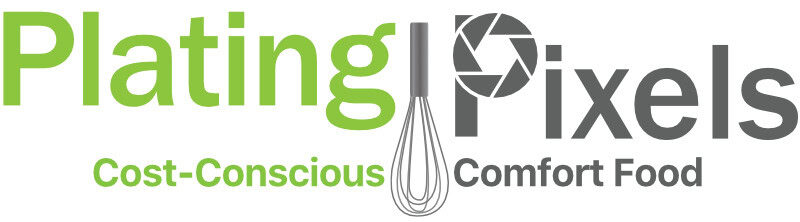 Plating Pixels logo featuring a whisk and camera shutter for comfort food branding.
