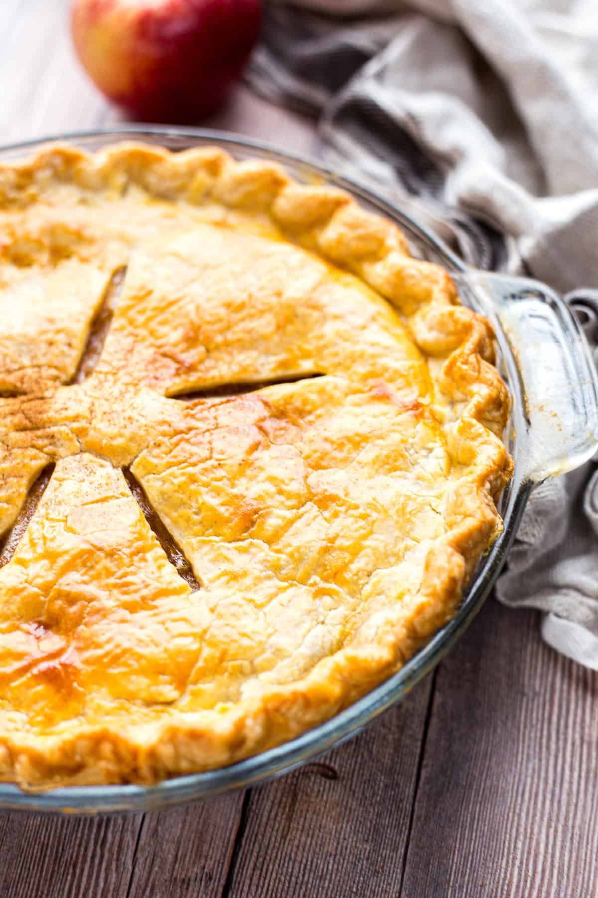 Delicious apple pie with golden crust, perfect for a no lattice crust dessert.