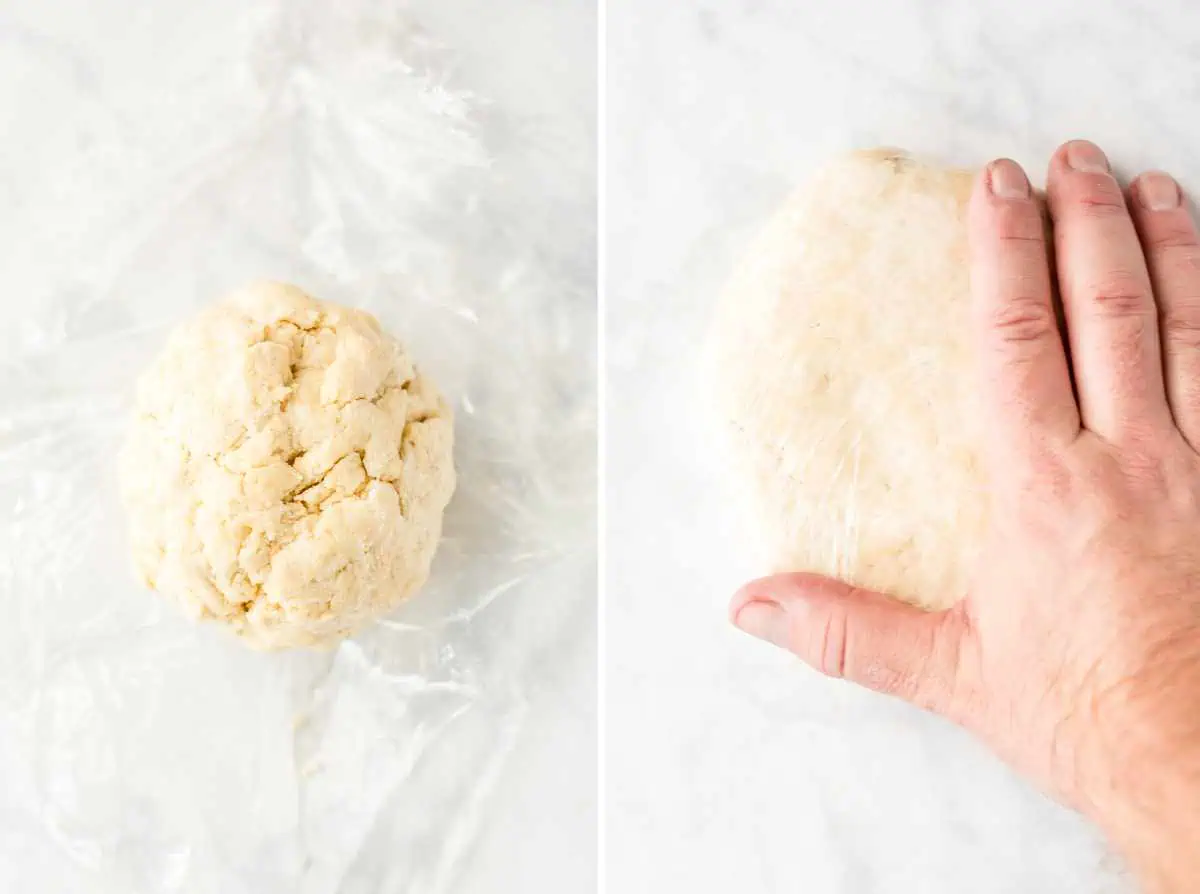 step by step process of making pie dough discs to refrigerate Apple pie crust dough being prepared for a no-lattice crust dessert.