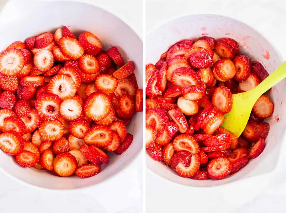 Steps showing macerating strawberries for pie filling in a bowl