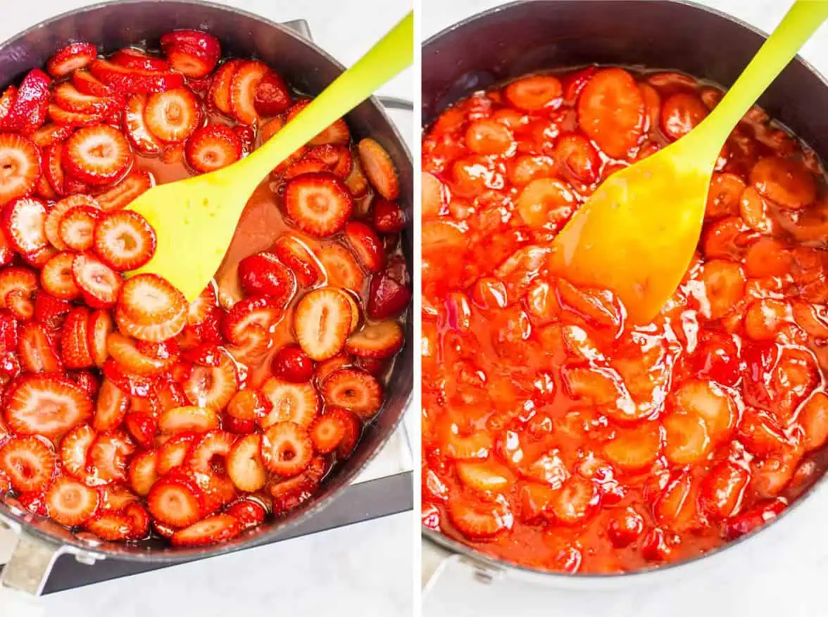Steps showing adding strawberry slices to thickened liquid in a pot to make pie filling