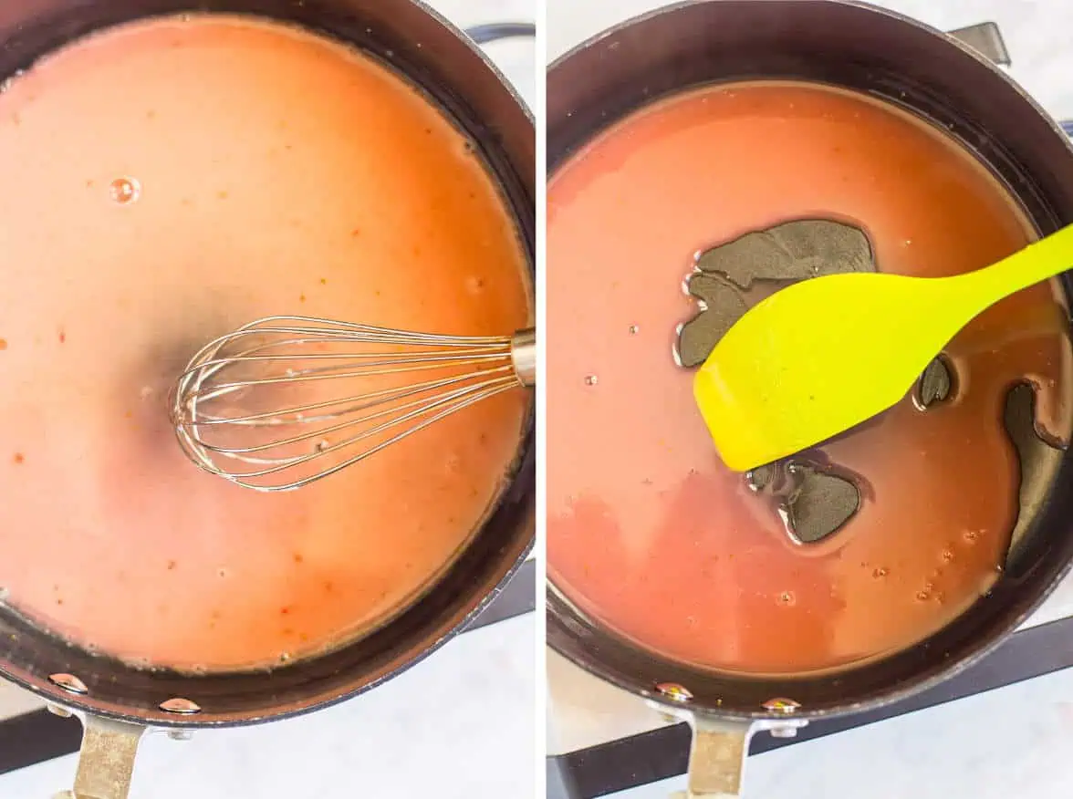 Steps showing thickening strawberry liquid with cornstarch in a pan for pie filling