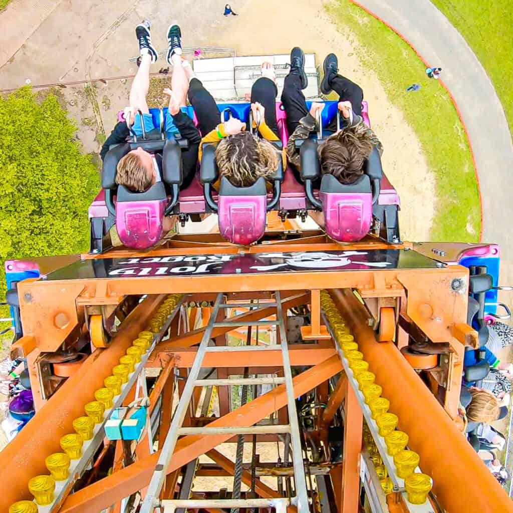 High angle view of a drop tower theme park ride