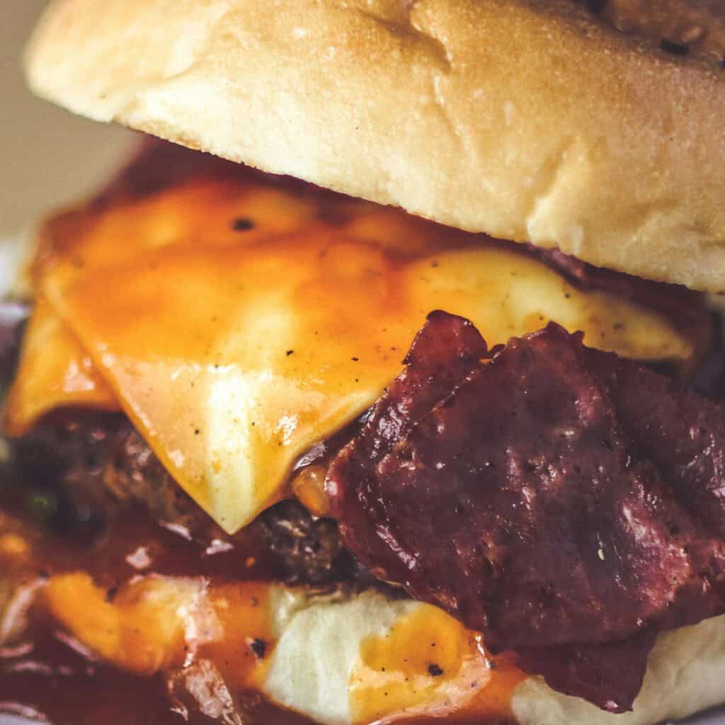 Bacon cheese burger close up