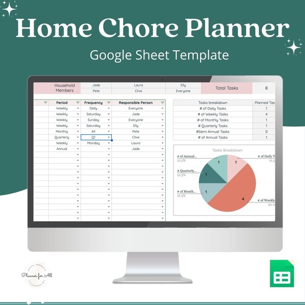 55+ Best Google Sheets Ideas to Sell on Etsy 7 Home Chore Planner Google Sheet Template for family task organization and household management.