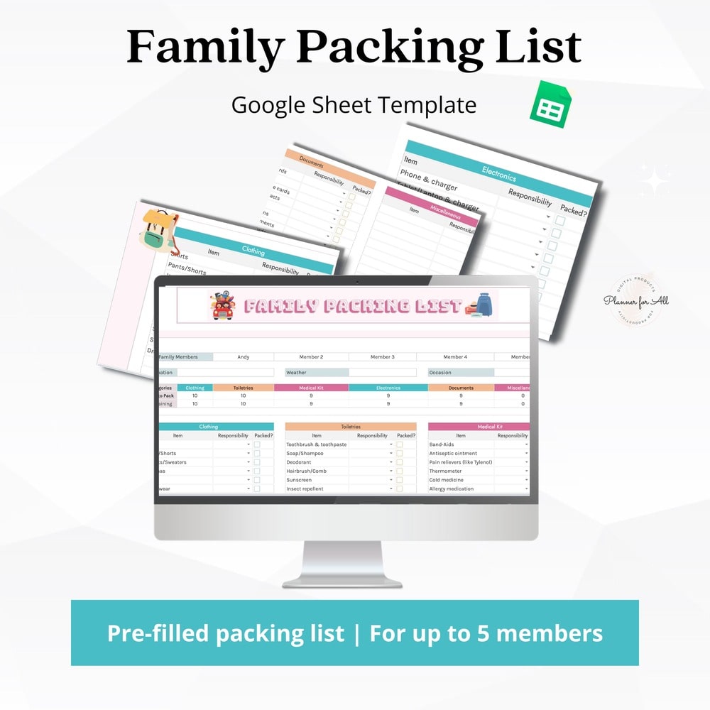 plr spreadsheet template of family trip packing list in google sheet format