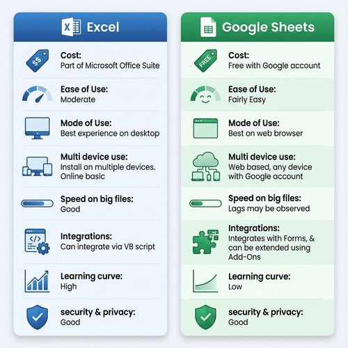 Easy-to-read comparison chart of Excel and Google Sheets features for planners, highlighting costs, usability, integrations, security, and more for effective digital planning.