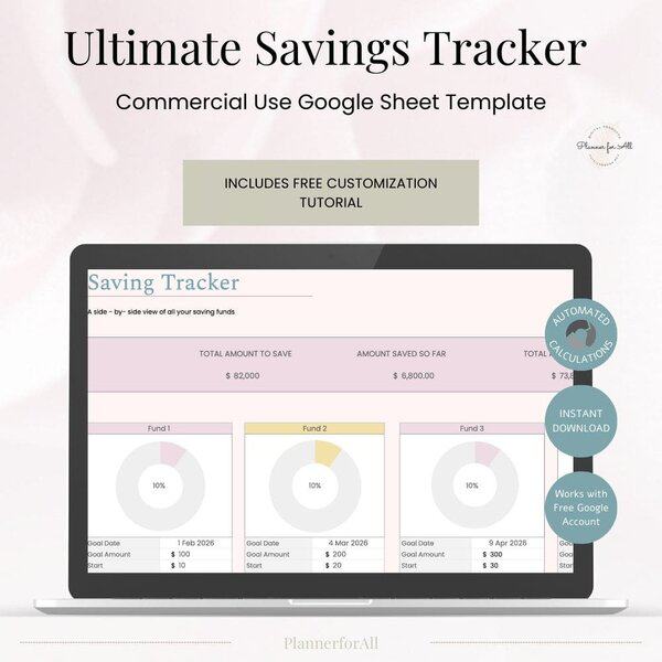 1. Digital savings tracker template for entrepreneurs, financial planners, and small business owners to monitor and manage savings goals effectively.