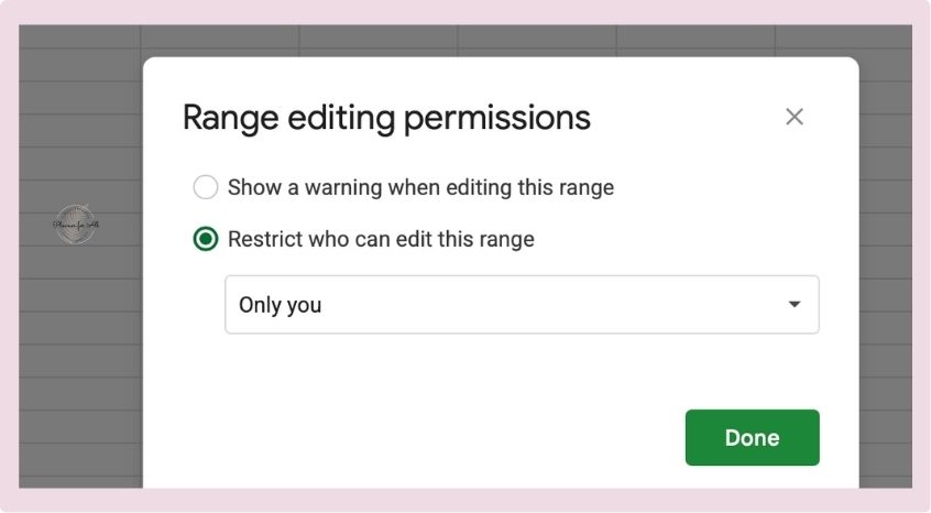 Screenshot showing the "Range editing permissions" dialog in Google Sheets, illustrating how to restrict who can edit specific cells for better spreadsheet management.