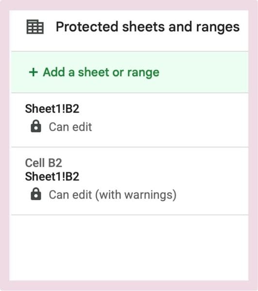 Screenshot showing how to view all the protected cells and sheets in Google Sheets
