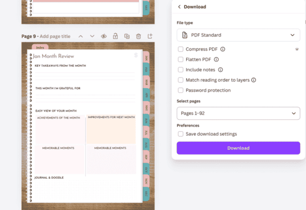 Digital planner template for Canva with hyperlinked pages, customizable sections, and stylish design, ideal for personal organization and productivity.