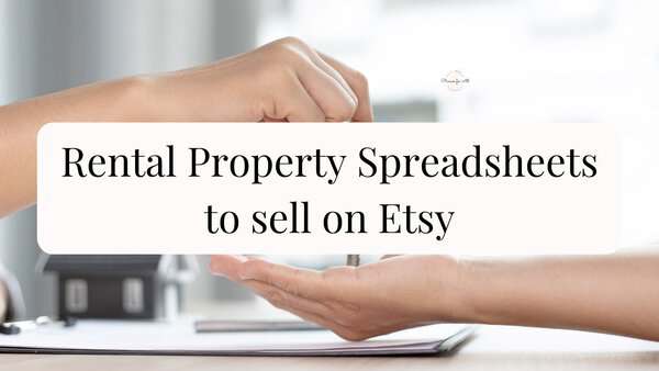 Close-up of hands exchanging a transparent folder with 'Rental Property Spreadsheets to sell on Etsy' text, on a desk with office supplies.