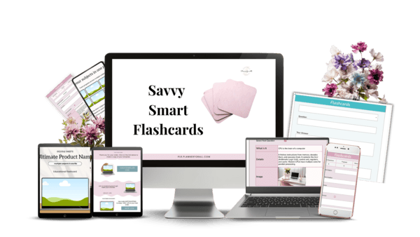 Digital bundle of Savvy Smart Flashcards displayed on various devices including a computer, tablet, and smartphone, with floral accents for a professional educational look.