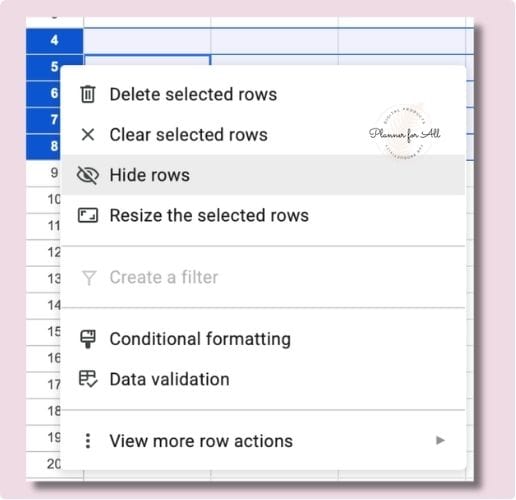 How to Hide and Unhide Rows in Google Sheets 2 Google Sheets menu showing options to hide, unhide, delete, and resize rows for better spreadsheet management.