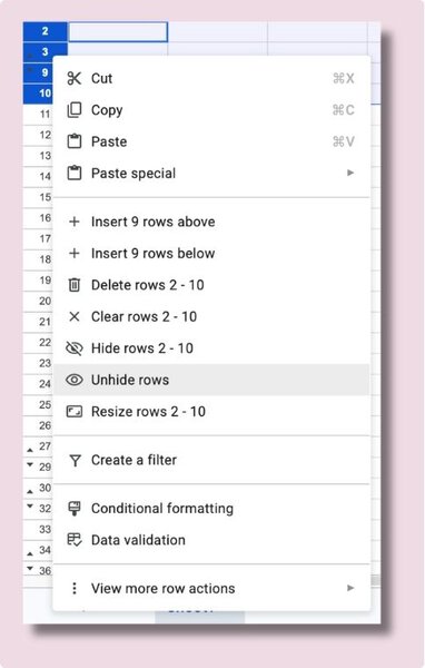 How to Hide and Unhide Rows in Google Sheets 4 Google Sheets context menu showing options to hide and unhide rows 2-10 for better spreadsheet management.