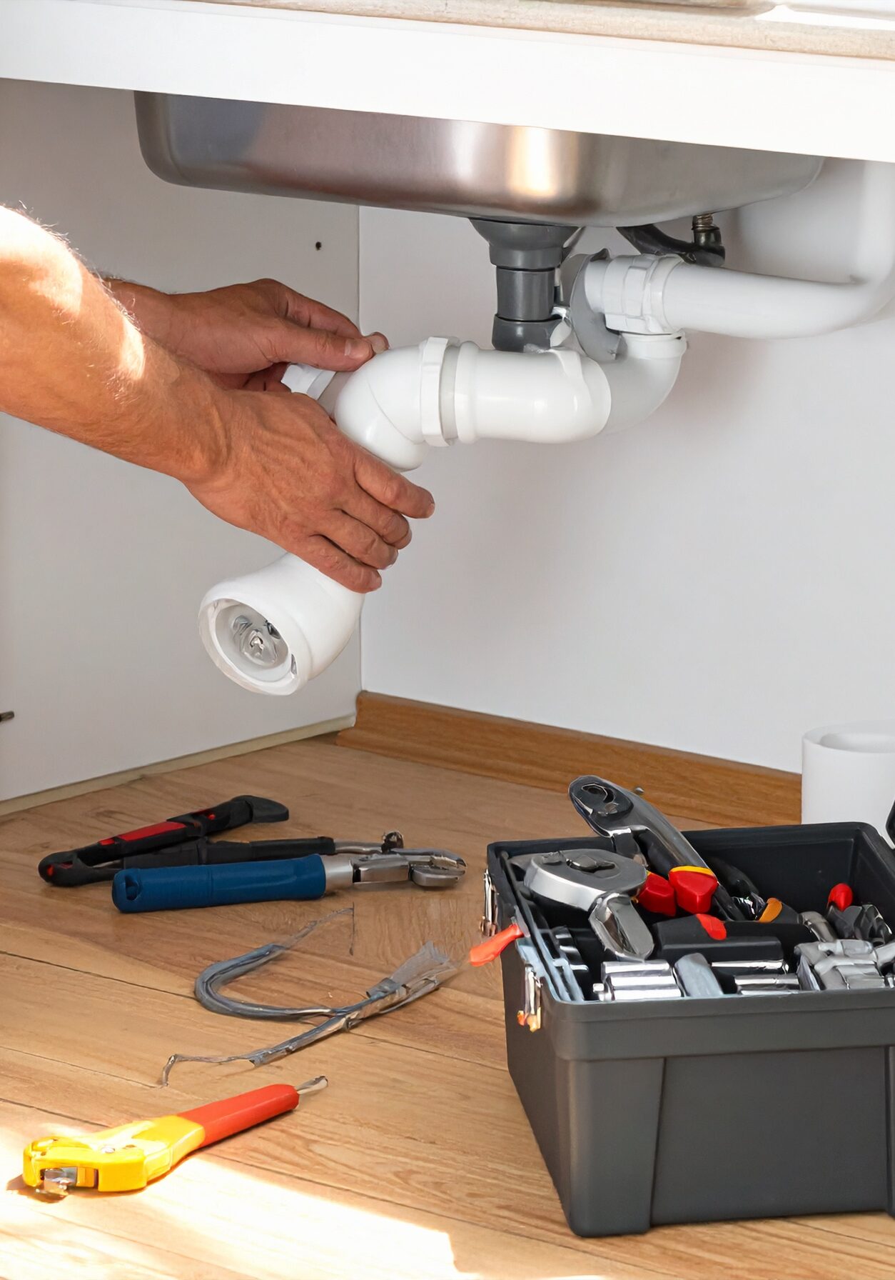 Firefly_Close-up of hands working under a residential kitchen sink, repairing drain pipes and 209041