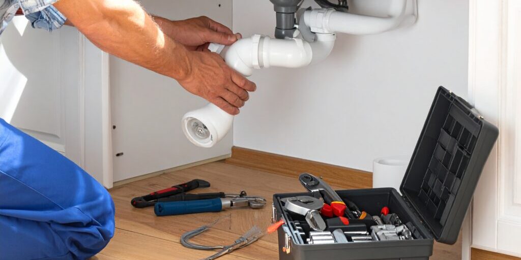 Plumber-Installing-Sink-Drain-Pipe
