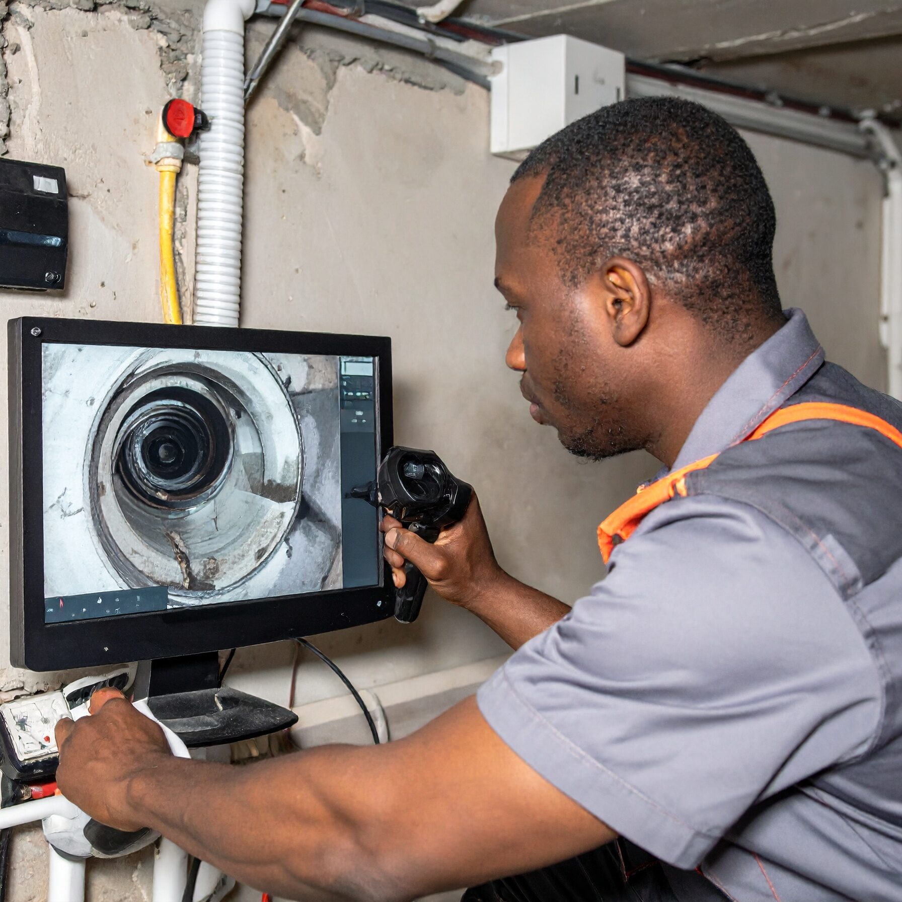 Licensed Plumber Using Drain Camera Inspection Service Monitor