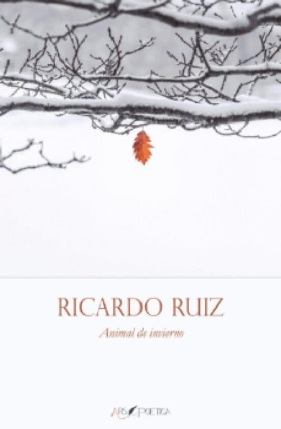 A single autumn leaf hanging from snow-covered tree branches in winter scene.