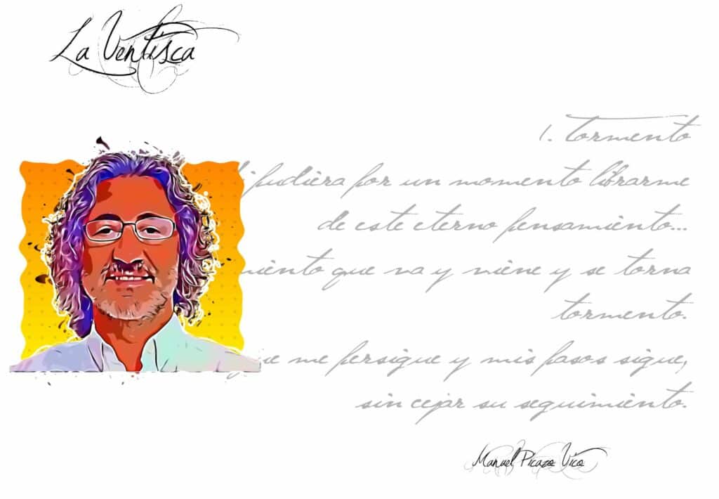 A digitally illustrated portrait of a man with curly hair, glasses, and a beard against a vibrant background.