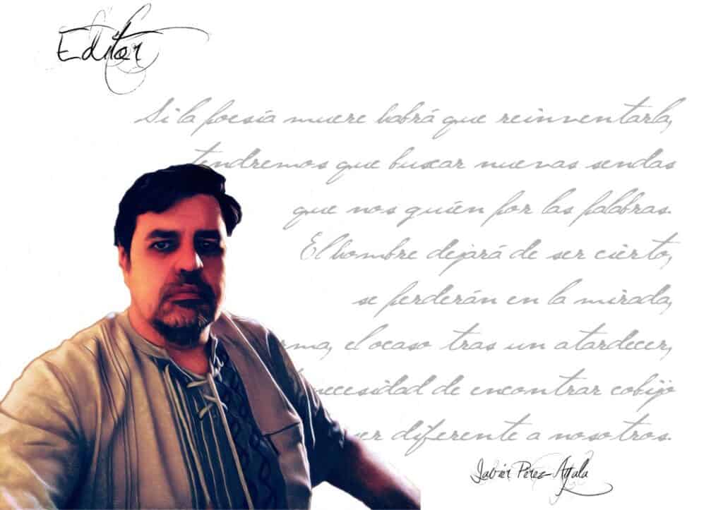Thoughtful man with dark hair and beard in front of handwritten poetry background for Poesía eres tú magazine.