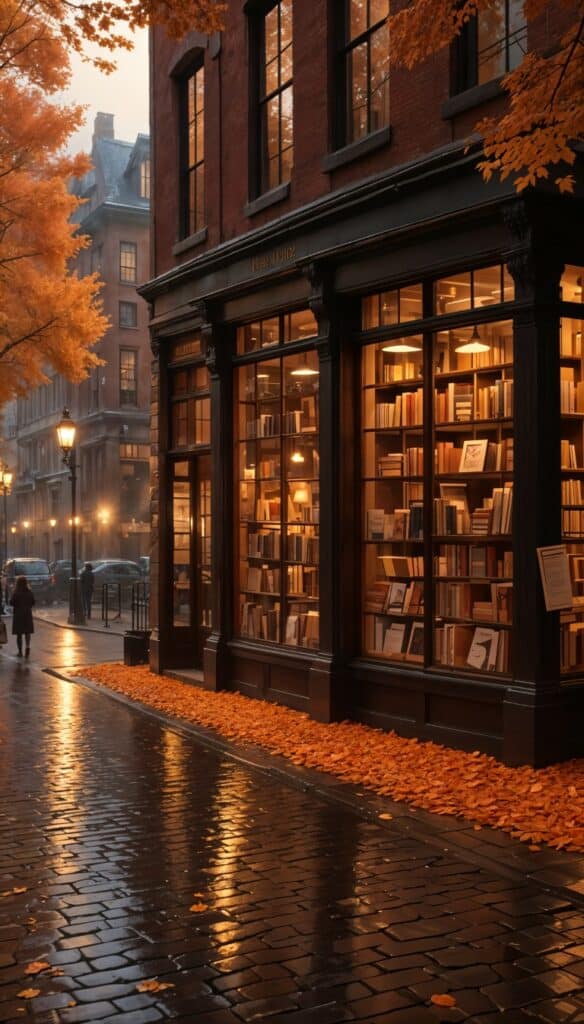 1. Cozy bookstore with warm lighting and autumn leaves on a rainy city street.