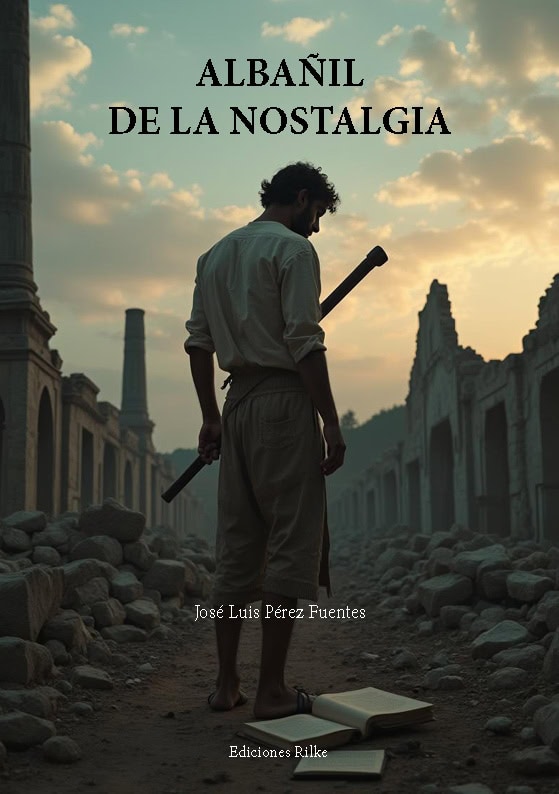 A young man standing amid ruins at sunset with a book and a tool, capturing nostalgia and poetic reflection.