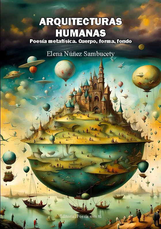 Fantasy floating island with a castle, surrounded by hot air balloons and ships, illustrating surreal architecture.