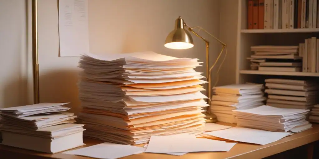 Overflowing stacks of poetry papers, literary magazine, poetry publication, Poésie eres tú revista.