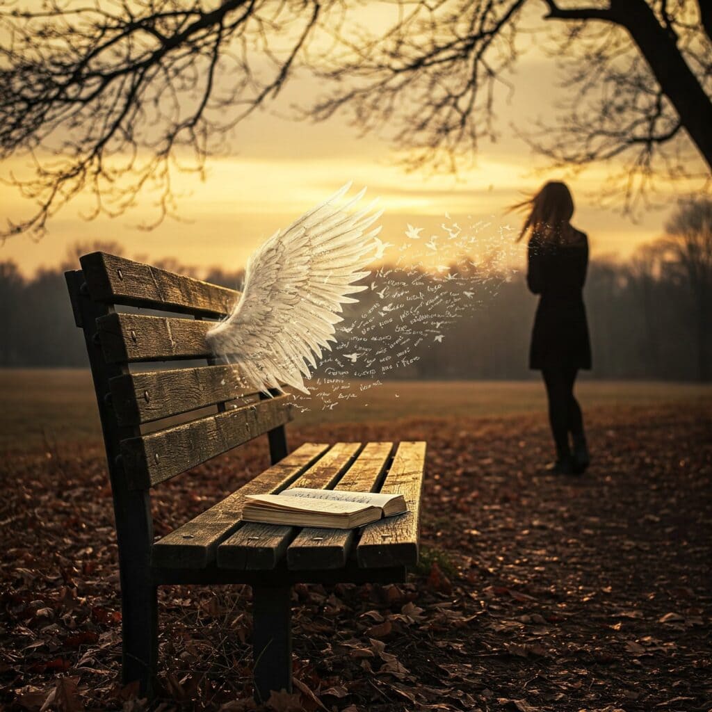 Wings of poetry flying from an open book on park bench at sunset.