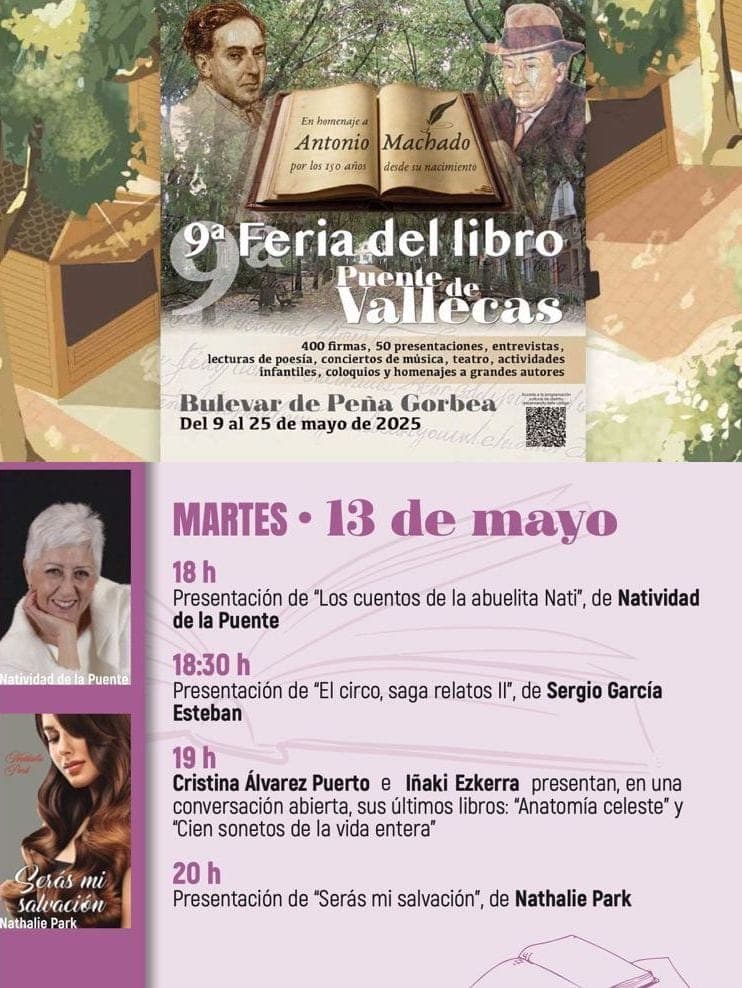 Vibrant literary event poster promoting poetry, book fair, and author talks in Puente de Vallecas, Madrid.