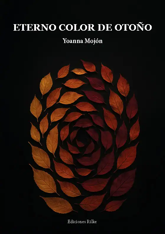 Escrito en hojas otoñales en forma de espiral, simbolizando la poesía y la naturaleza en la publicación.