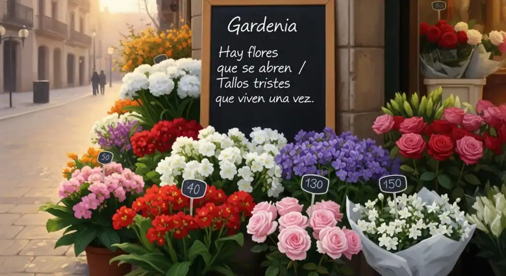 Colorido puesto de flores de jardín con cartel que dice "Hay flores que se abren / Tallos tristes que viven una vez".