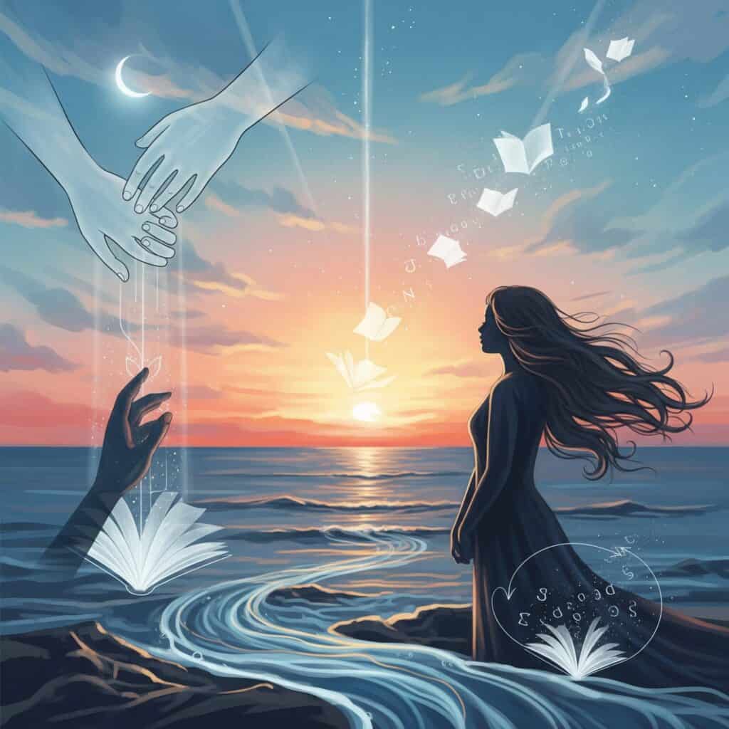 Hands reaching out across water with floating books and a woman by the sea at sunset, symbolizing poetry and creativity.
