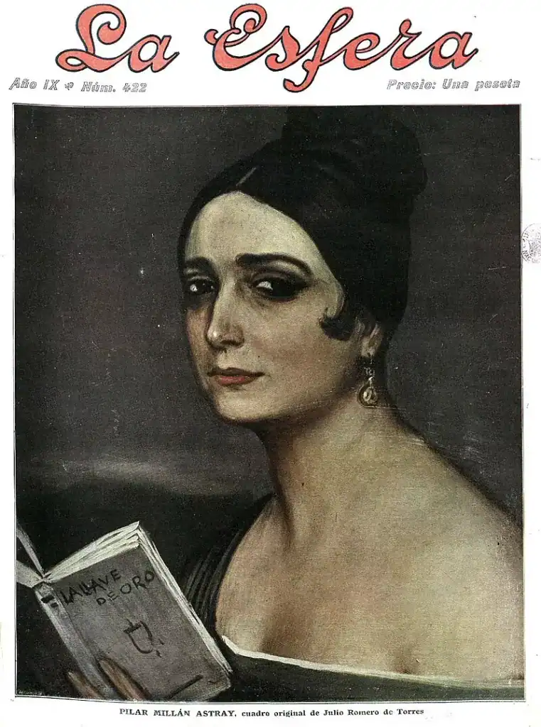 Painterly portrait of a woman holding a book, vintage magazine cover.