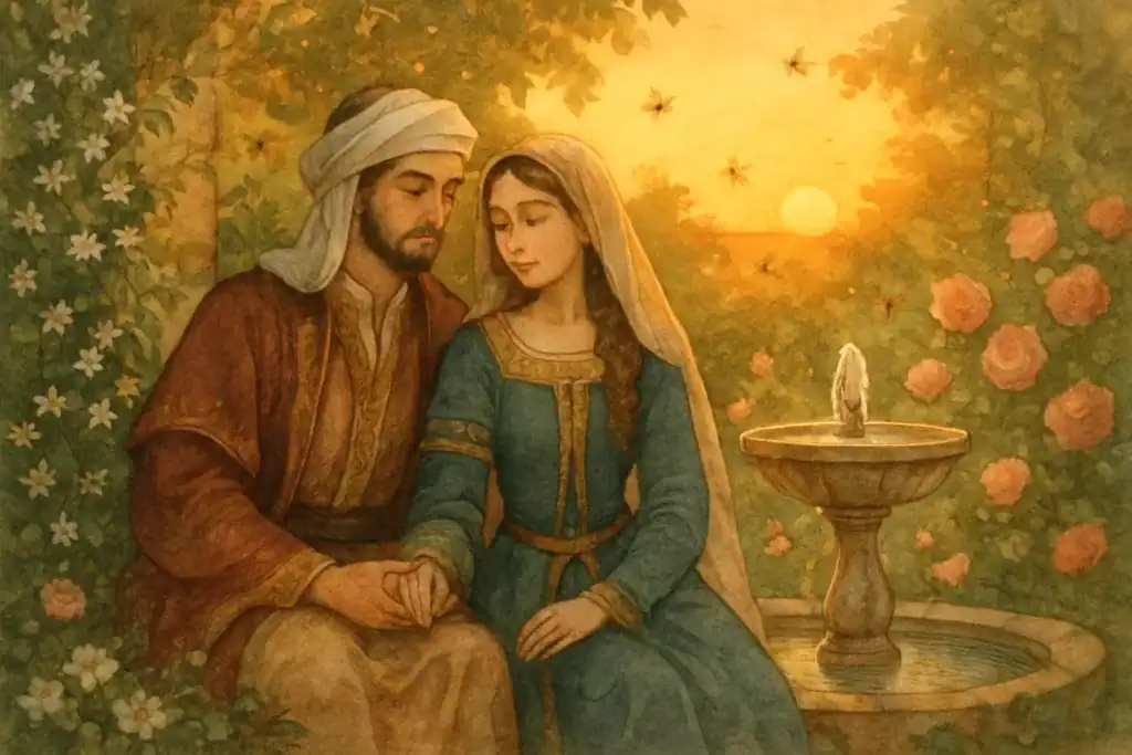 Hearts of love, faith, devotion, and poetry in a romantic biblical scene at sunset.