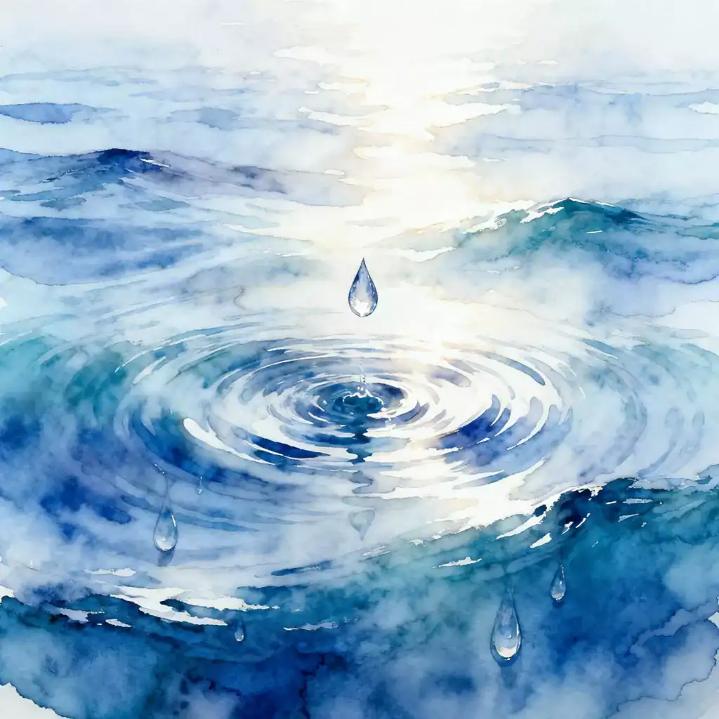 Watercolor illustration of raindrops falling into the ocean, creating ripples, with sunlight reflecting on the water surface.